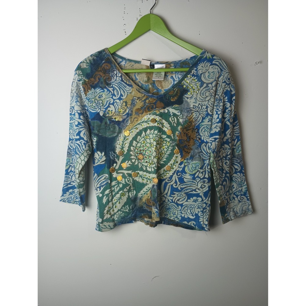 Forbidden Vintage Y2K Goth Fairy Paisley Coin Embellished Cotton Top Blue Large